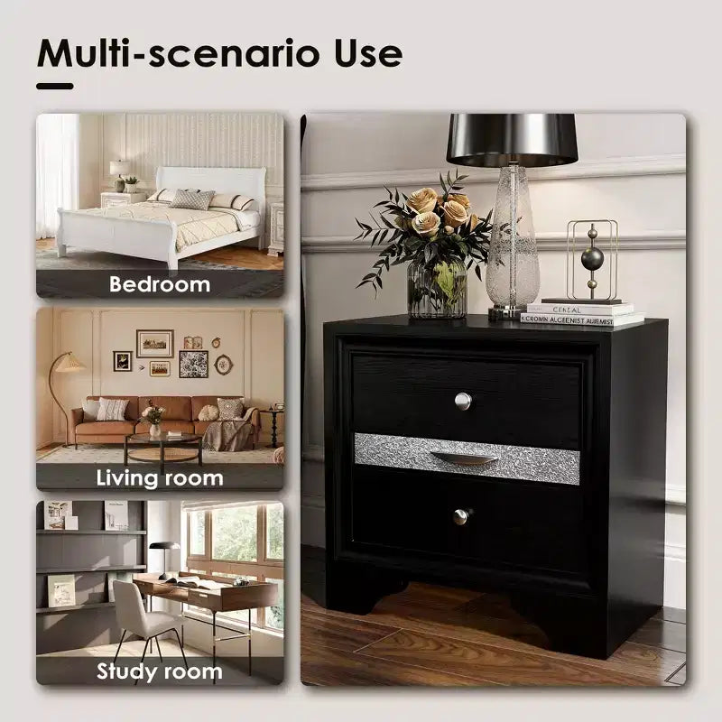 CLIHOME Contemporary Bedroom Storage Cabinet Nightstand with Silver Accents and Hidden Jewelry Drawer