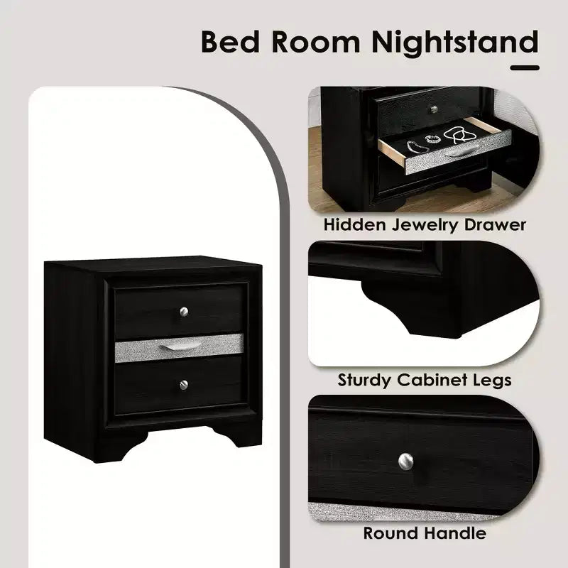 CLIHOME Contemporary Bedroom Storage Cabinet Nightstand with Silver Accents and Hidden Jewelry Drawer