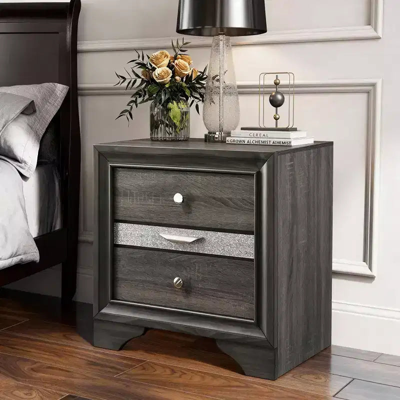 CLIHOME Contemporary Bedroom Storage Cabinet Nightstand with Silver Accents and Hidden Jewelry Drawer