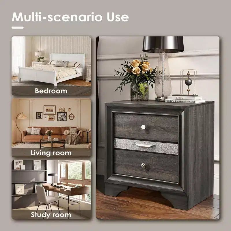 CLIHOME Contemporary Bedroom Storage Cabinet Nightstand with Silver Accents and Hidden Jewelry Drawer