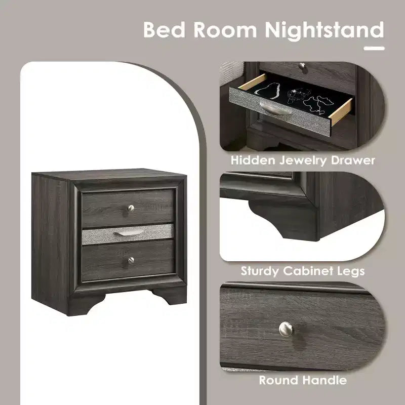 CLIHOME Contemporary Bedroom Storage Cabinet Nightstand with Silver Accents and Hidden Jewelry Drawer