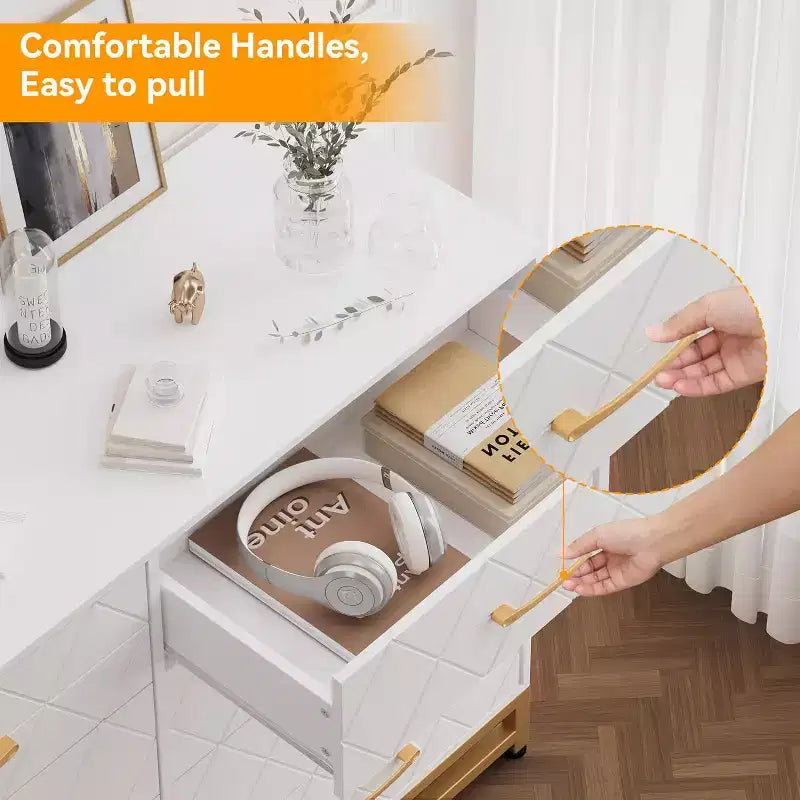 6 Drawer Dresser for Bedroom with Metal Legs & Golden Handle, Modern Storage Chest Cabinet Organizer for Living Room, Hallway, Entryway
