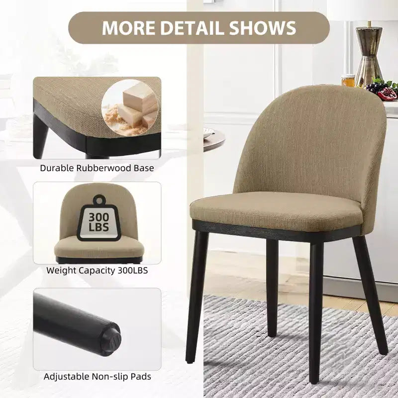 Dining Chairs, Set of 2 Linen Upholstered Kitchen Chairs - Modern Wood Frame Accent Chairs with Thick Cushions for Dining Room Beige