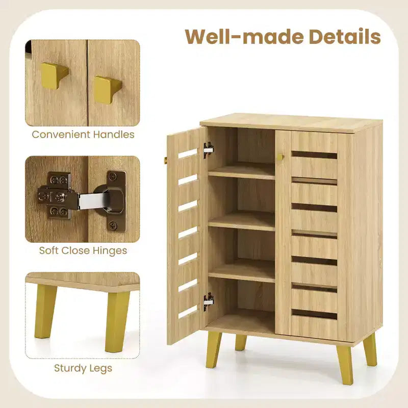 Costway 4-Tier Wooden Shoe Storage Cabinet with Doors Removable Shelves for Entryway