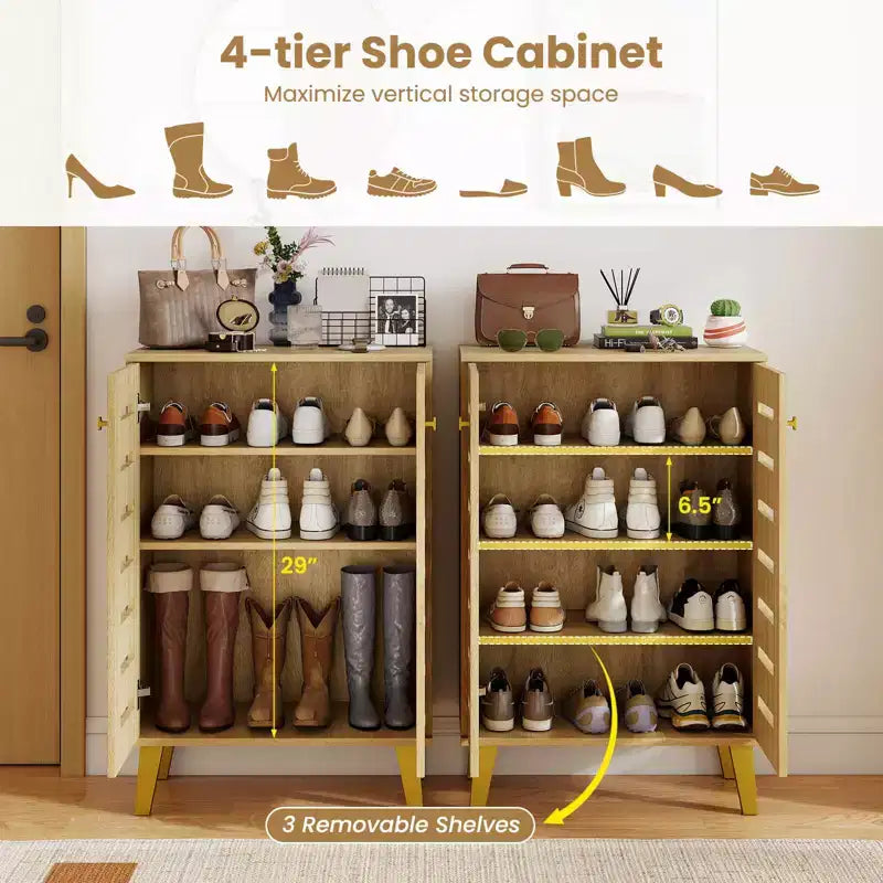 Costway 4-Tier Wooden Shoe Storage Cabinet with Doors Removable Shelves for Entryway