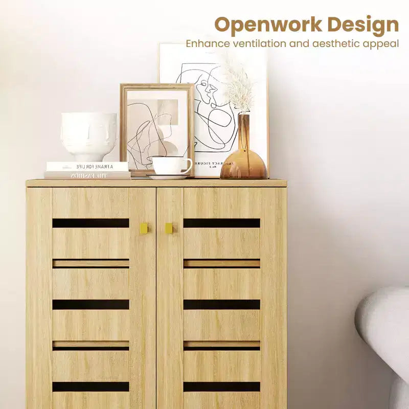 Costway 4-Tier Wooden Shoe Storage Cabinet with Doors Removable Shelves for Entryway