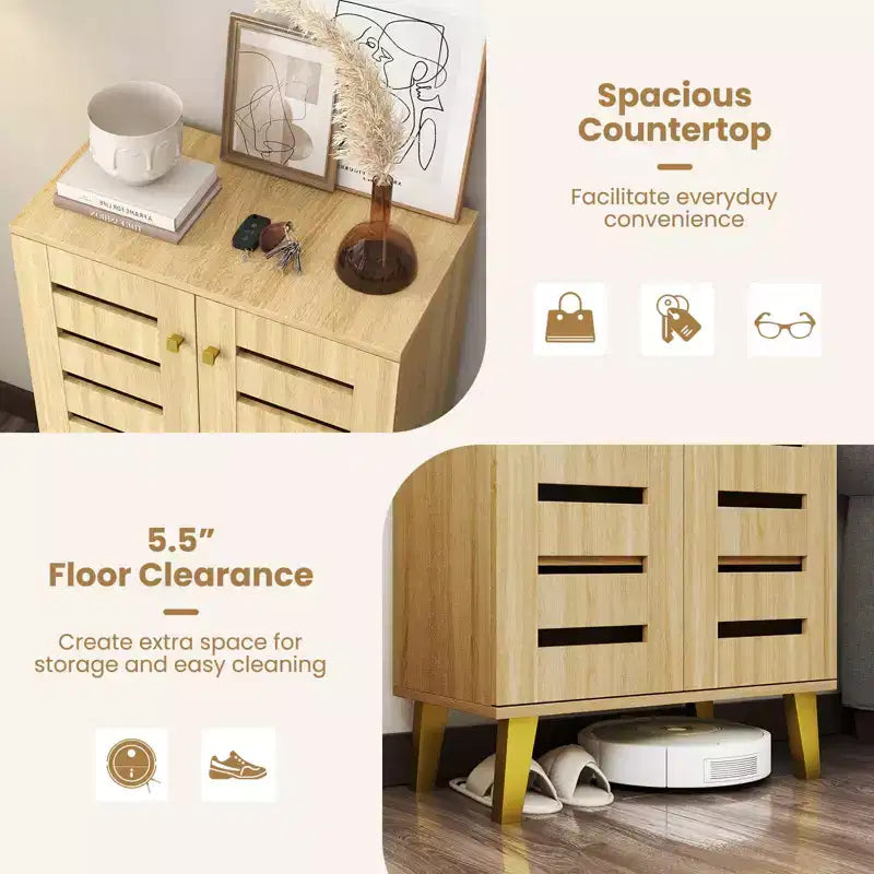 Costway 4-Tier Wooden Shoe Storage Cabinet with Doors Removable Shelves for Entryway