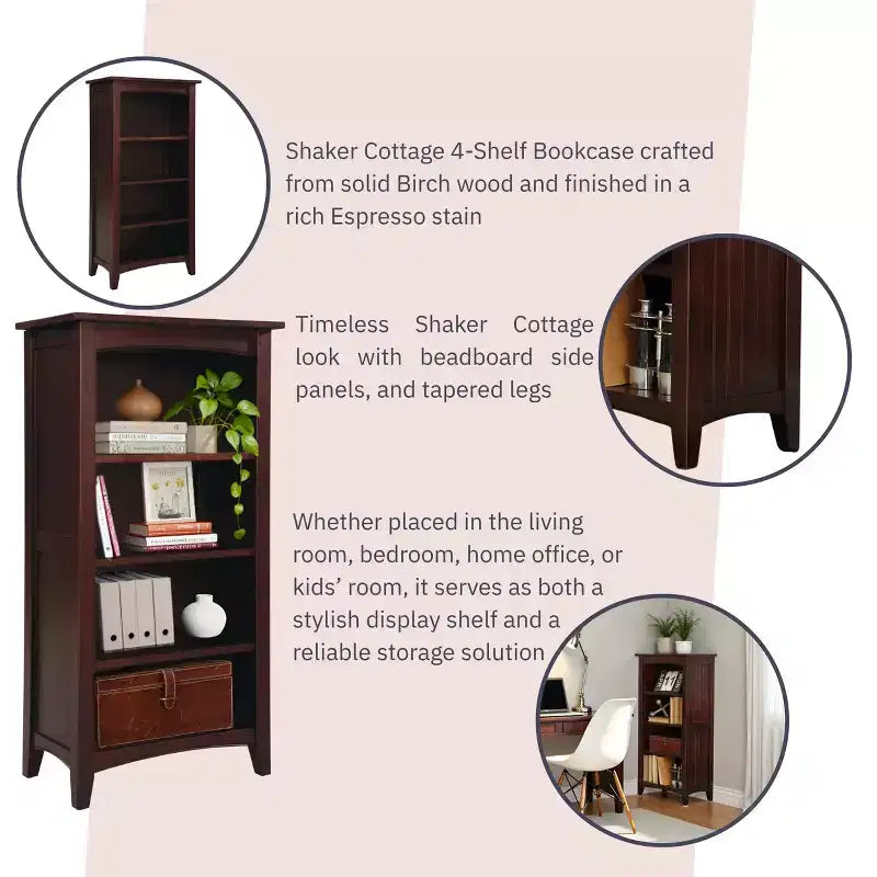 Alaterre Furniture Shaker Cottage 4-Shelf Bookcase, Classic Wood Bookshelf with Open Storage for Living Room, Office or Kids Room, Espresso Finish