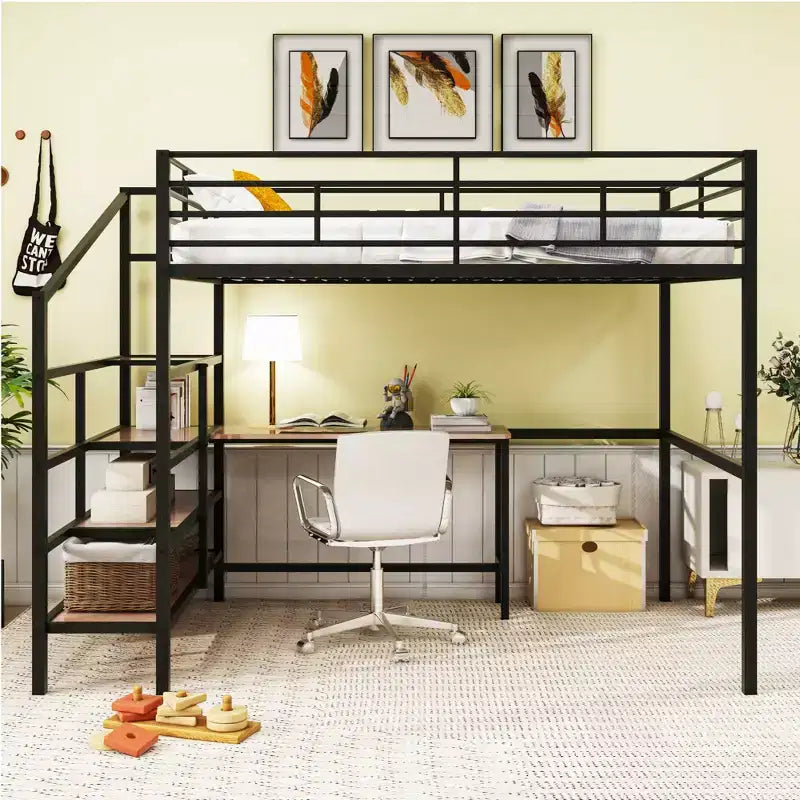 High Full Size Loft Bed with Stairs, Metal Loft Bed with Desk, Full Loft Bed Frame with Lateral Storage Ladder