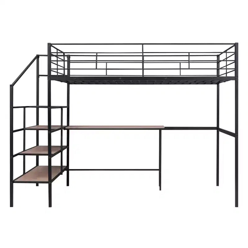High Full Size Loft Bed with Stairs, Metal Loft Bed with Desk, Full Loft Bed Frame with Lateral Storage Ladder