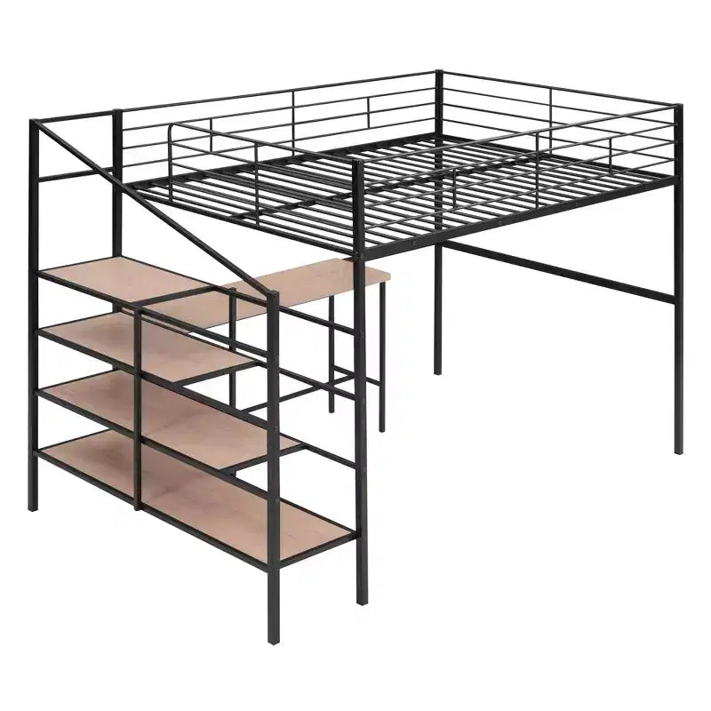 High Full Size Loft Bed with Stairs, Metal Loft Bed with Desk, Full Loft Bed Frame with Lateral Storage Ladder