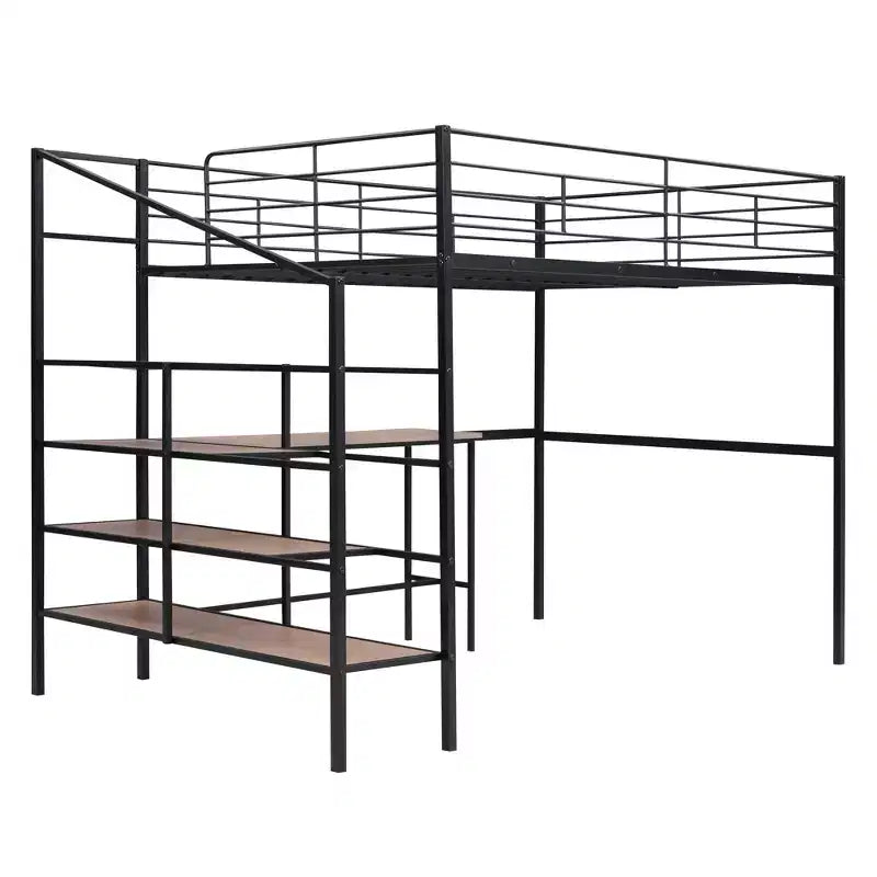High Full Size Loft Bed with Stairs, Metal Loft Bed with Desk, Full Loft Bed Frame with Lateral Storage Ladder