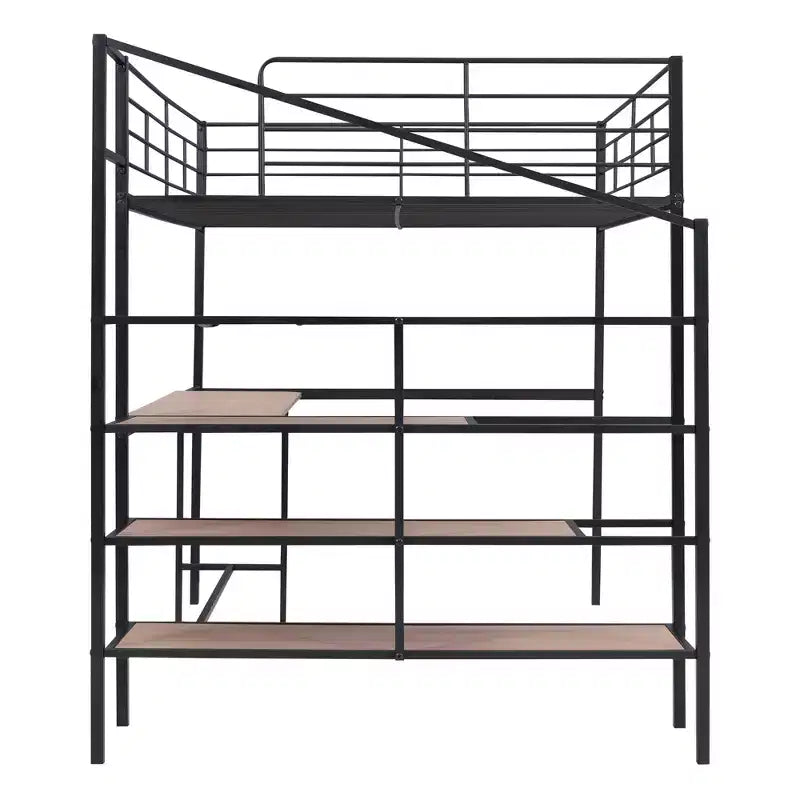 High Full Size Loft Bed with Stairs, Metal Loft Bed with Desk, Full Loft Bed Frame with Lateral Storage Ladder