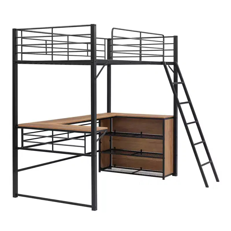 High Full Size Loft Bed with Stairs, Metal Loft Bed with Desk, Full Loft Bed Frame with Lateral Storage Ladder