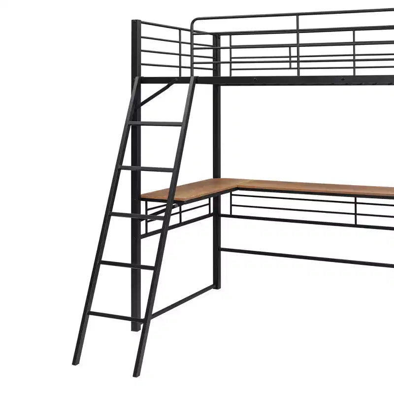 High Full Size Loft Bed with Stairs, Metal Loft Bed with Desk, Full Loft Bed Frame with Lateral Storage Ladder