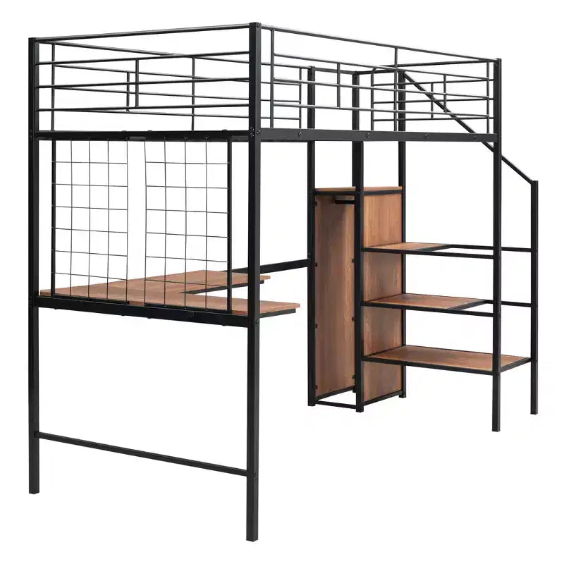 Metal Loft Bed with Desk and Metal Grid, Stylish Metal Frame Bed with Lateral Storage Ladder and Wardrobe