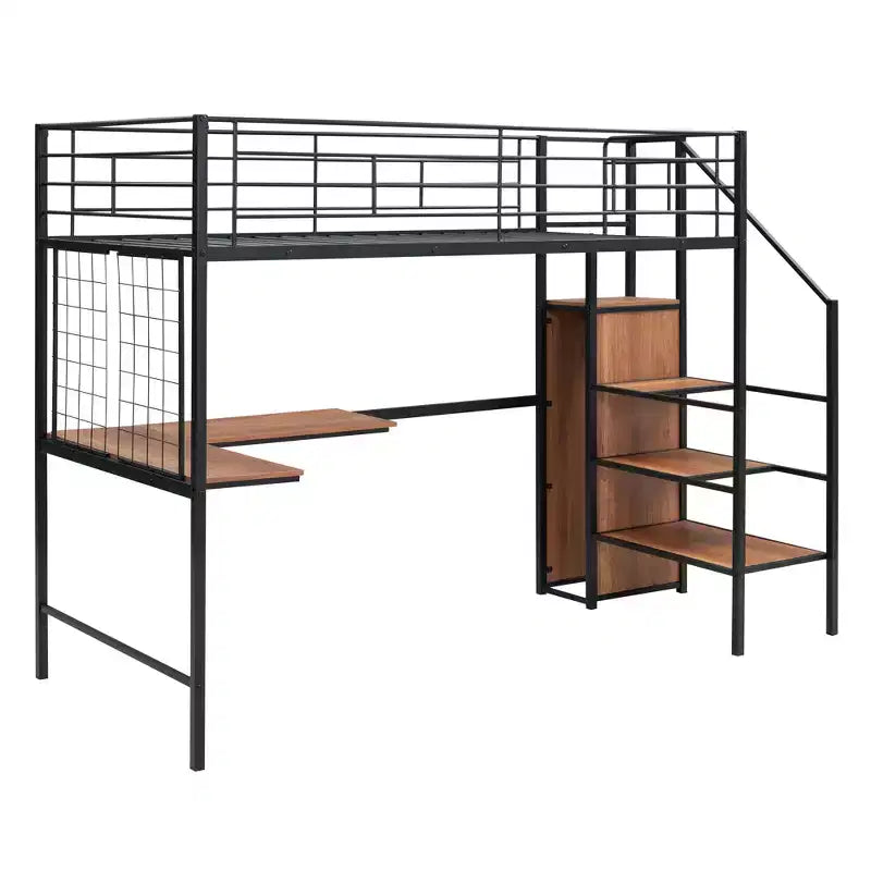 Metal Loft Bed with Desk and Metal Grid, Stylish Metal Frame Bed with Lateral Storage Ladder and Wardrobe