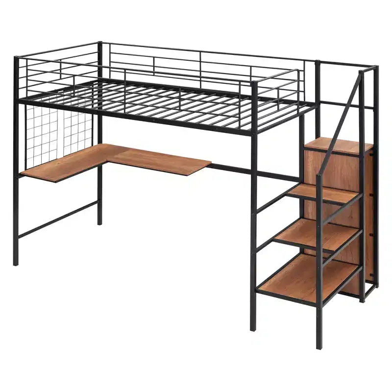 Metal Loft Bed with Desk and Metal Grid, Stylish Metal Frame Bed with Lateral Storage Ladder and Wardrobe