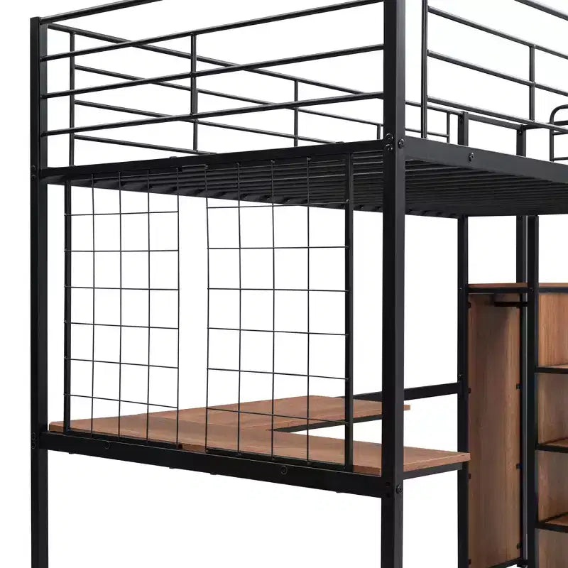 Metal Loft Bed with Desk and Metal Grid, Stylish Metal Frame Bed with Lateral Storage Ladder and Wardrobe