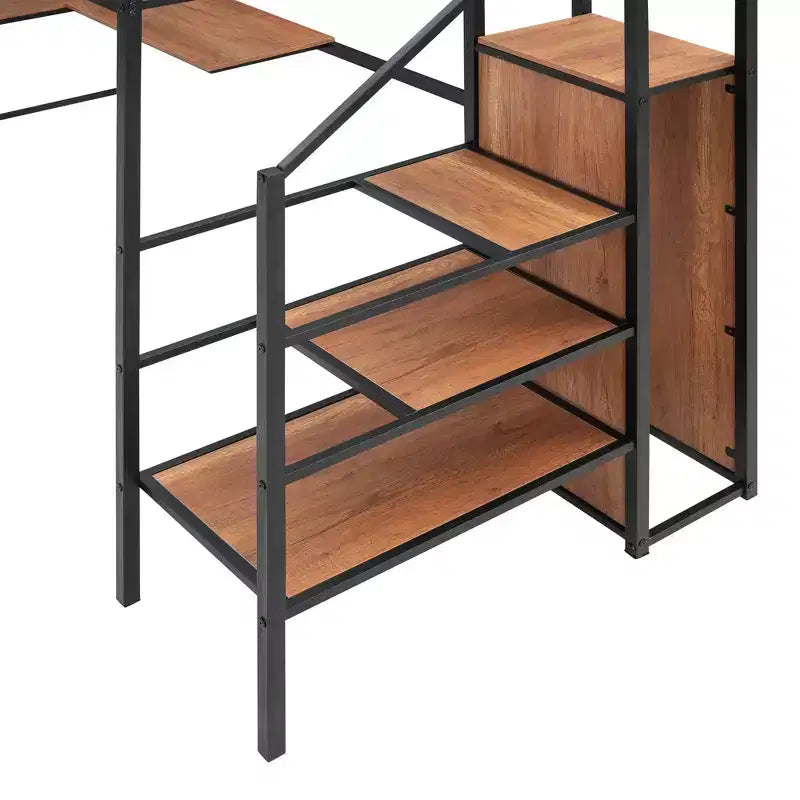 Metal Loft Bed with Desk and Metal Grid, Stylish Metal Frame Bed with Lateral Storage Ladder and Wardrobe