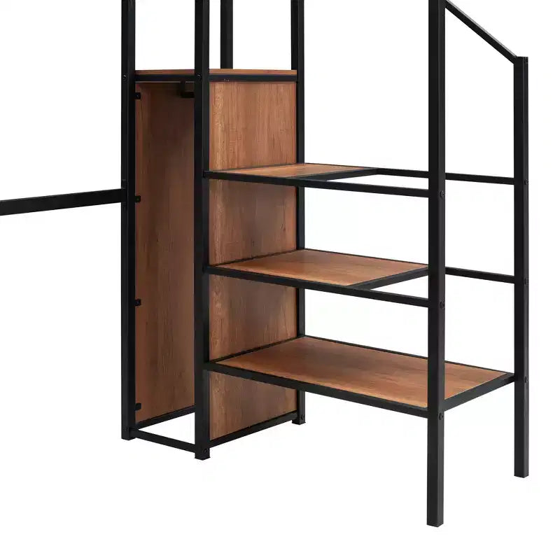 Metal Loft Bed with Desk and Metal Grid, Stylish Metal Frame Bed with Lateral Storage Ladder and Wardrobe