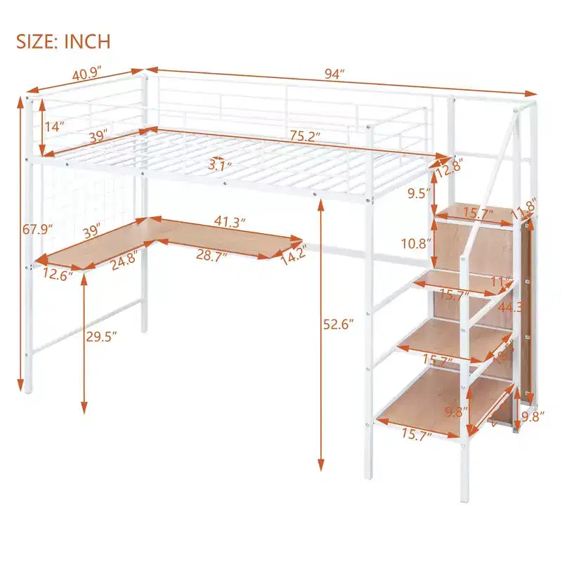 Metal Loft Bed with Desk and Metal Grid, Stylish Metal Frame Bed with Lateral Storage Ladder and Wardrobe