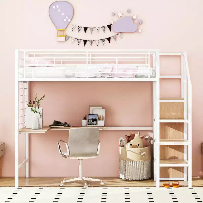 Metal Loft Bed with Desk and Metal Grid, Stylish Metal Frame Bed with Lateral Storage Ladder and Wardrobe