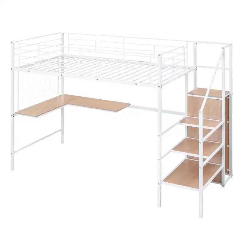 Metal Loft Bed with Desk and Metal Grid, Stylish Metal Frame Bed with Lateral Storage Ladder and Wardrobe
