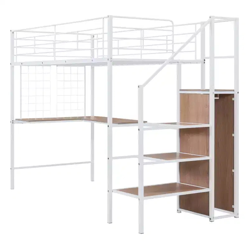 Metal Loft Bed with Desk and Metal Grid, Stylish Metal Frame Bed with Lateral Storage Ladder and Wardrobe