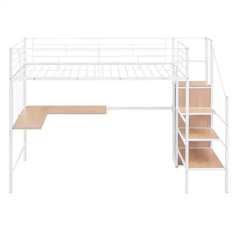 Metal Loft Bed with Desk and Metal Grid, Stylish Metal Frame Bed with Lateral Storage Ladder and Wardrobe