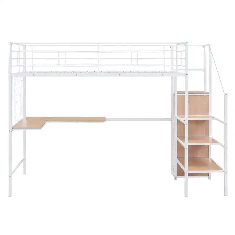Metal Loft Bed with Desk and Metal Grid, Stylish Metal Frame Bed with Lateral Storage Ladder and Wardrobe
