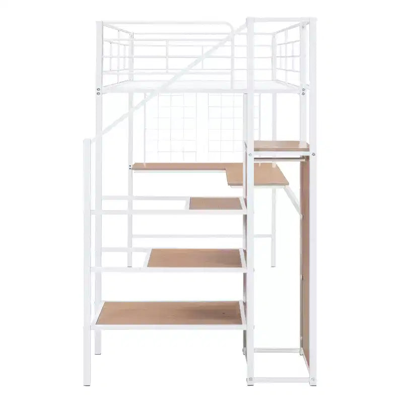 Metal Loft Bed with Desk and Metal Grid, Stylish Metal Frame Bed with Lateral Storage Ladder and Wardrobe