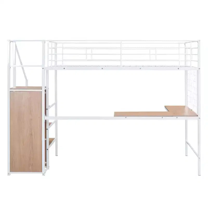 Metal Loft Bed with Desk and Metal Grid, Stylish Metal Frame Bed with Lateral Storage Ladder and Wardrobe