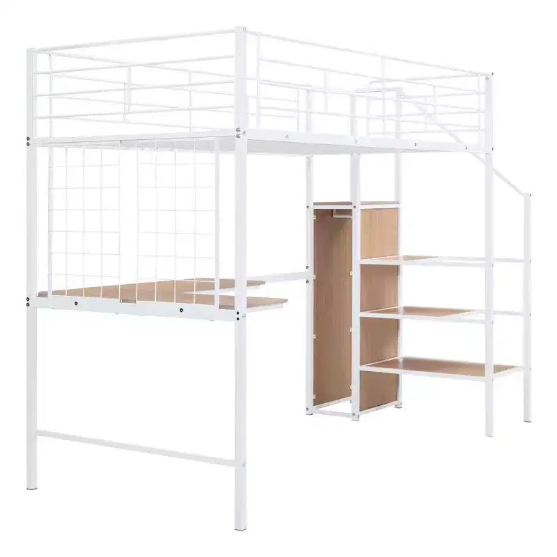 Metal Loft Bed with Desk and Metal Grid, Stylish Metal Frame Bed with Lateral Storage Ladder and Wardrobe