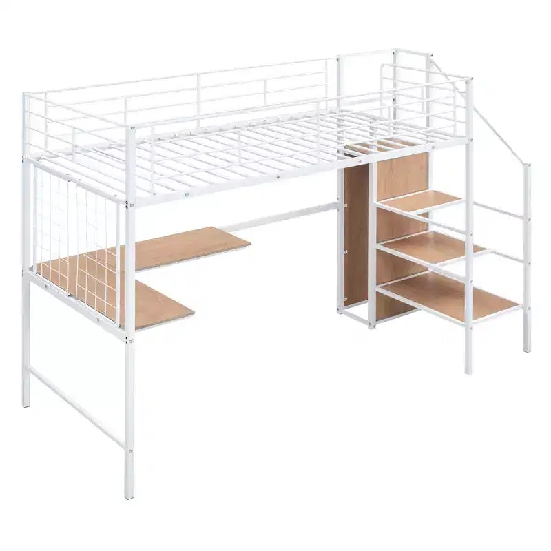 Metal Loft Bed with Desk and Metal Grid, Stylish Metal Frame Bed with Lateral Storage Ladder and Wardrobe