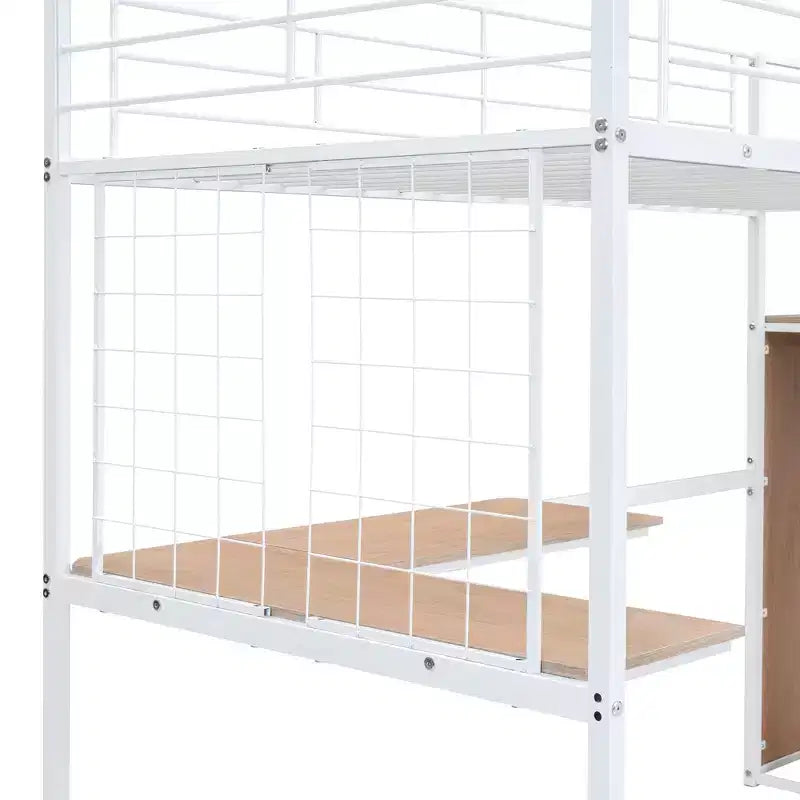 Metal Loft Bed with Desk and Metal Grid, Stylish Metal Frame Bed with Lateral Storage Ladder and Wardrobe