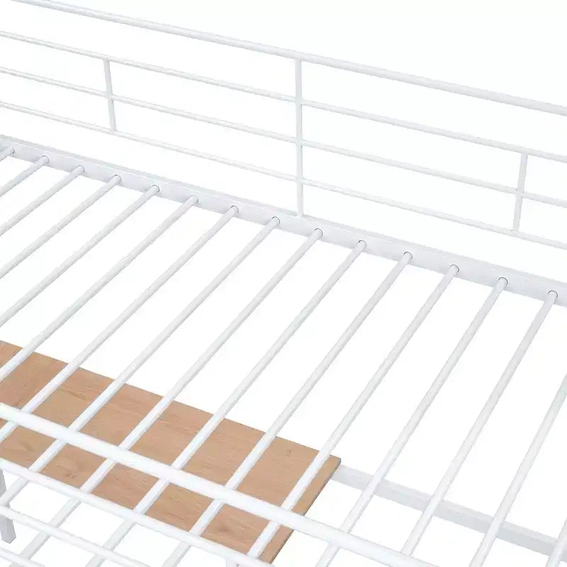 Metal Loft Bed with Desk and Metal Grid, Stylish Metal Frame Bed with Lateral Storage Ladder and Wardrobe