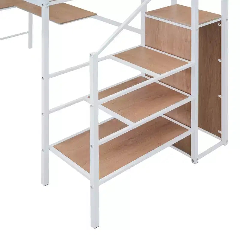 Metal Loft Bed with Desk and Metal Grid, Stylish Metal Frame Bed with Lateral Storage Ladder and Wardrobe