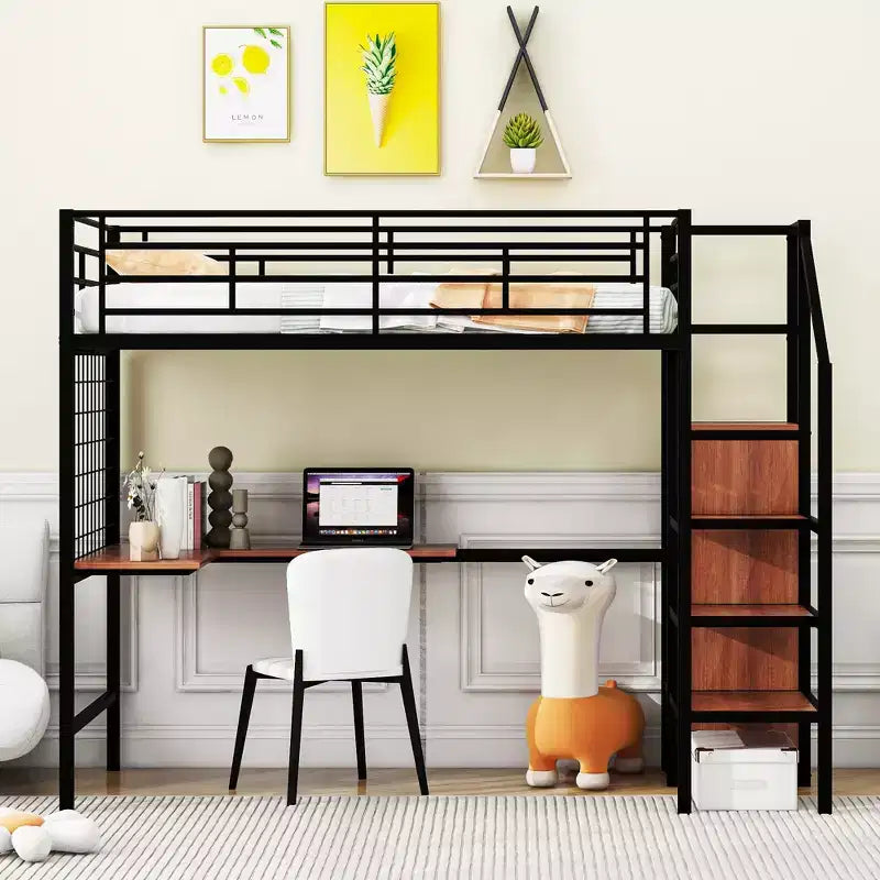 Metal Loft Bed with Desk and Metal Grid, Stylish Metal Frame Bed with Lateral Storage Ladder and Wardrobe