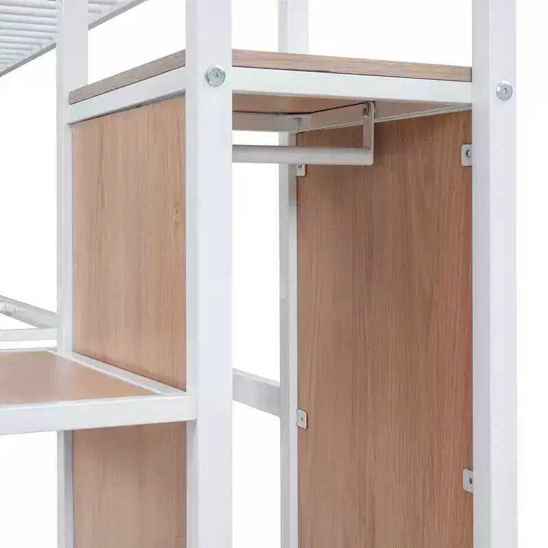Metal Loft Bed with Desk and Metal Grid, Stylish Metal Frame Bed with Lateral Storage Ladder and Wardrobe
