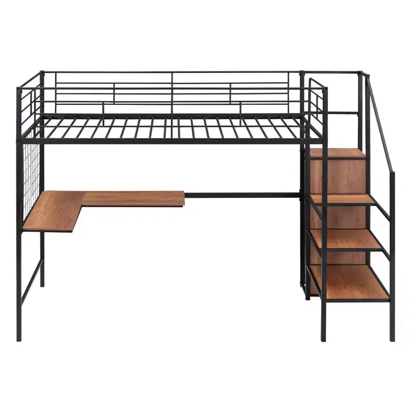 Metal Loft Bed with Desk and Metal Grid, Stylish Metal Frame Bed with Lateral Storage Ladder and Wardrobe