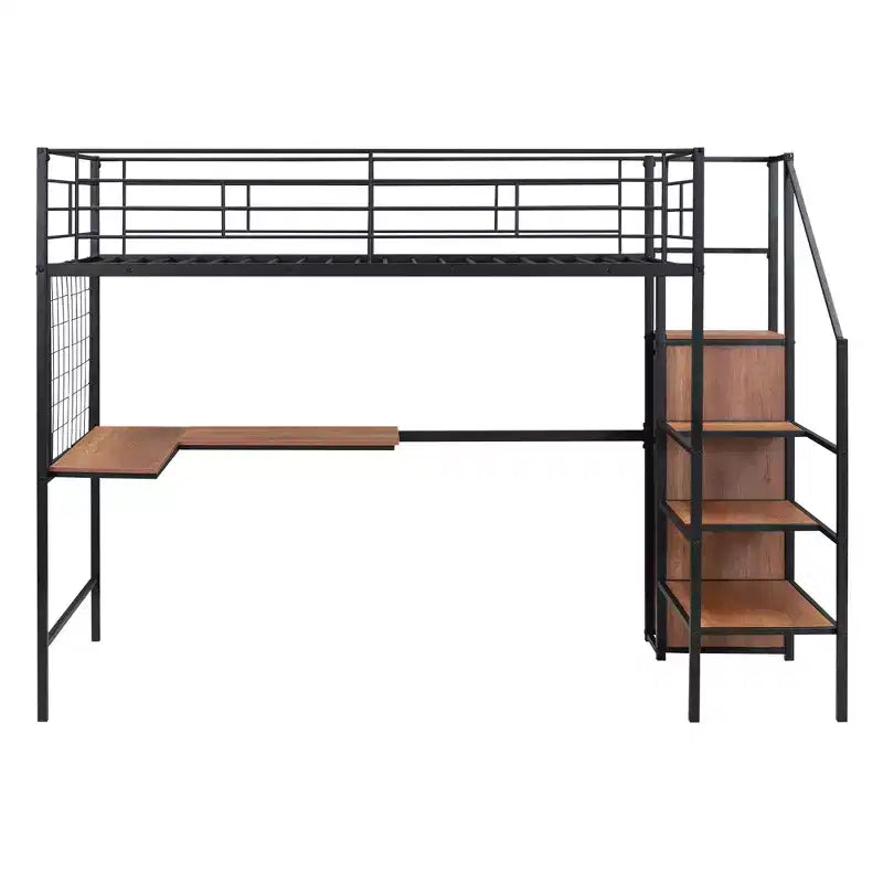Metal Loft Bed with Desk and Metal Grid, Stylish Metal Frame Bed with Lateral Storage Ladder and Wardrobe