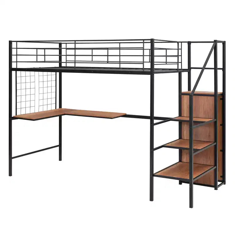 Metal Loft Bed with Desk and Metal Grid, Stylish Metal Frame Bed with Lateral Storage Ladder and Wardrobe