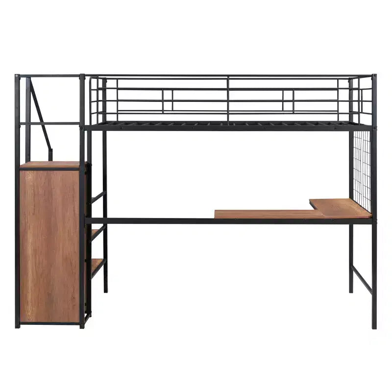 Metal Loft Bed with Desk and Metal Grid, Stylish Metal Frame Bed with Lateral Storage Ladder and Wardrobe