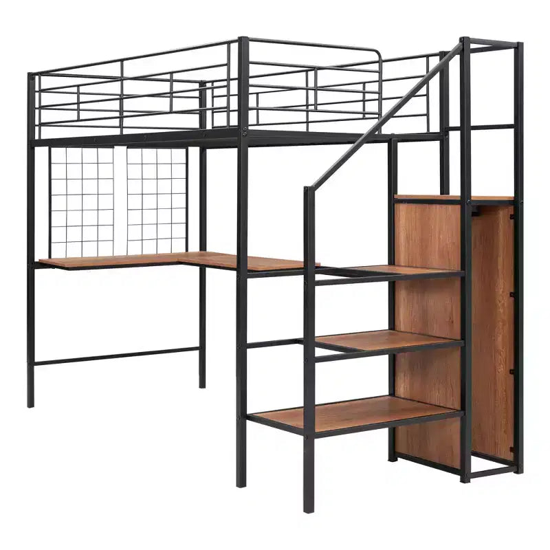 Metal Loft Bed with Desk and Metal Grid, Stylish Metal Frame Bed with Lateral Storage Ladder and Wardrobe