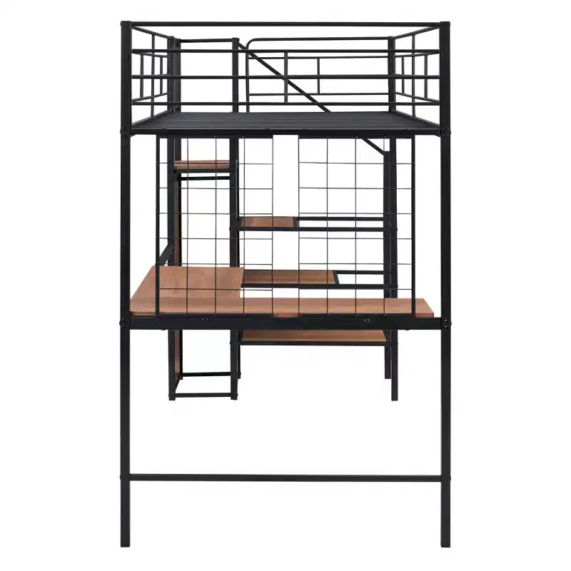 Metal Loft Bed with Desk and Metal Grid, Stylish Metal Frame Bed with Lateral Storage Ladder and Wardrobe