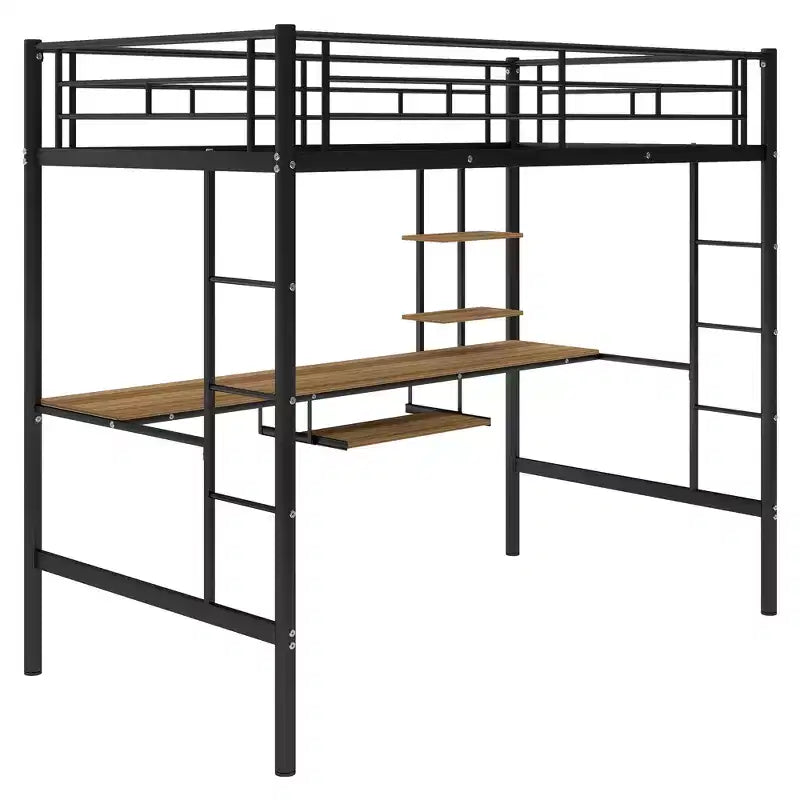 Metal Loft Bed with Built-in Desk and Storage Shelf,High Loft Bed with Keyboard Tray for Kids Boys Girls Teens