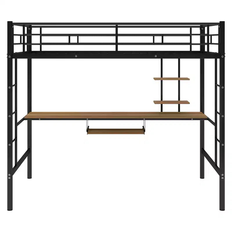 Metal Loft Bed with Built-in Desk and Storage Shelf,High Loft Bed with Keyboard Tray for Kids Boys Girls Teens