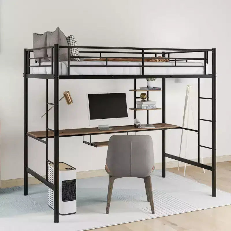 Metal Loft Bed with Built-in Desk and Storage Shelf,High Loft Bed with Keyboard Tray for Kids Boys Girls Teens