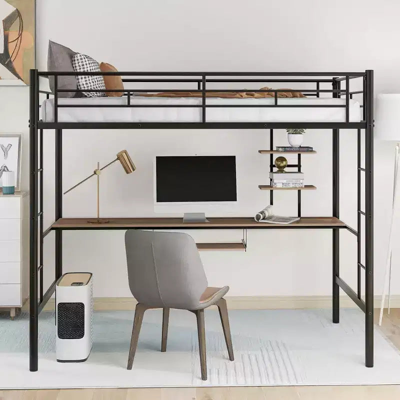 Metal Loft Bed with Built-in Desk and Storage Shelf,High Loft Bed with Keyboard Tray for Kids Boys Girls Teens